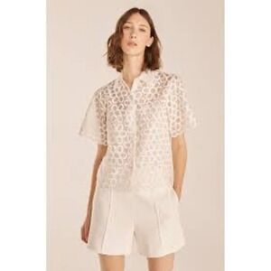 Rebecca Taylor Women's White Floral Embroidered Button Down Shirt Top Size L NWT